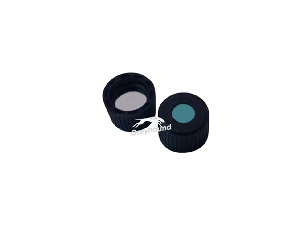 Picture of 8-425 Open Top Screw Cap, Black Polypropylene with White PTFE/Translucent Blue Silicone Septa, 1.3mm, (Shore A 35)